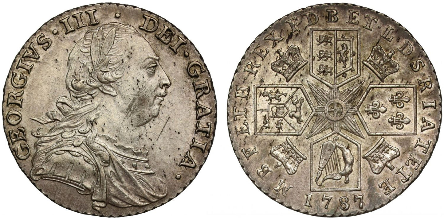 George III 1787 Shilling, 7 over 6, no stops at date, without semée