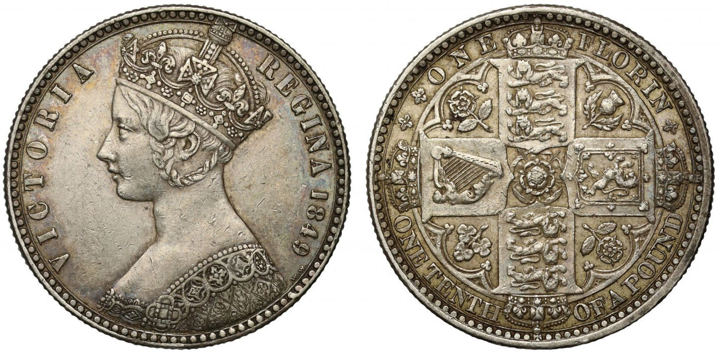 Victoria 1849 silver Godless Florin, WW clear of border