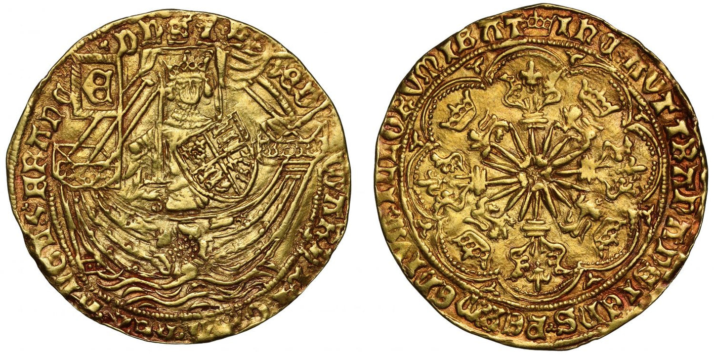 Edward IV gold Ryal AU55, Light coinage initial mark crown, TRANANSIENS error