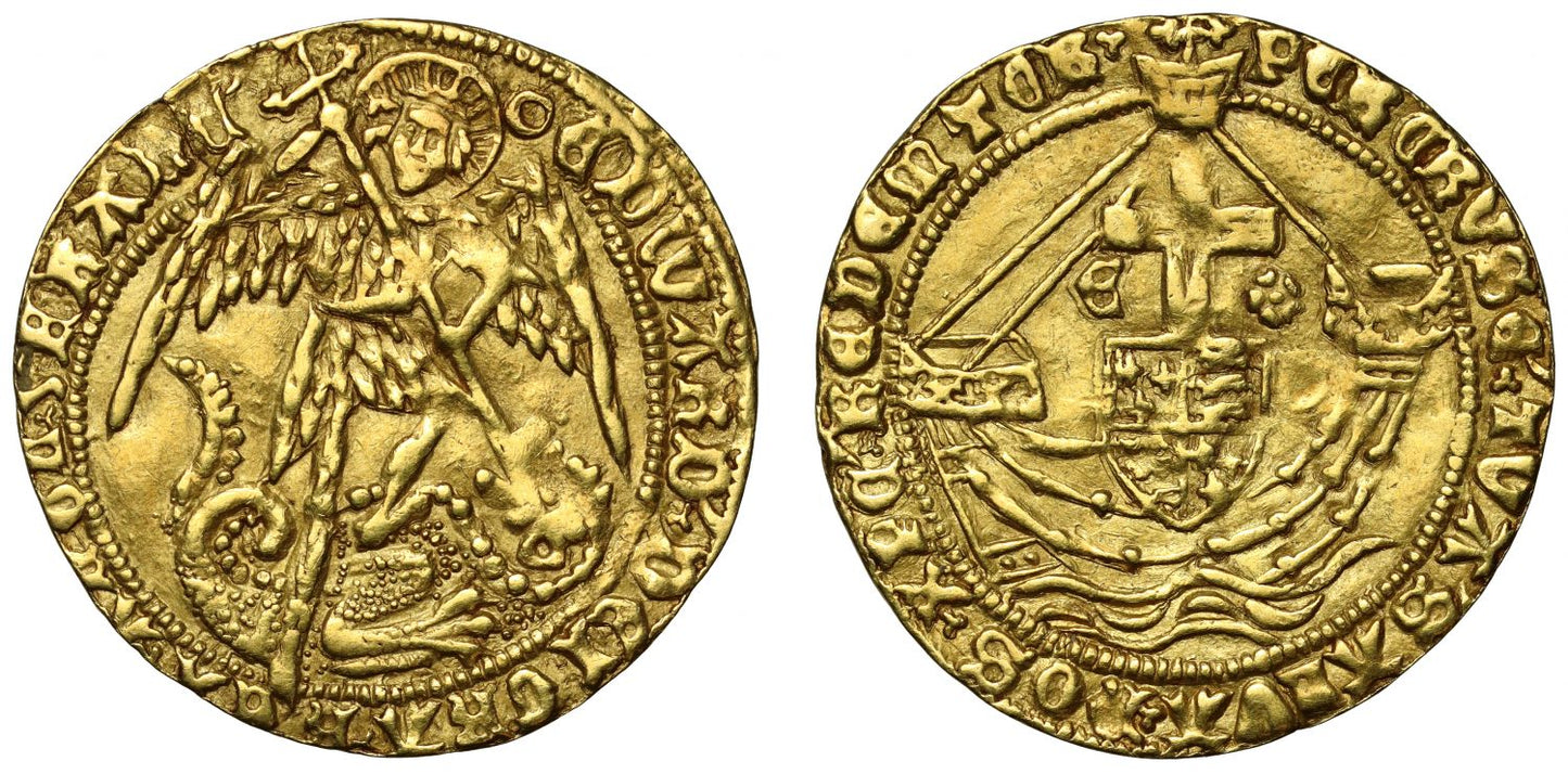 Edward IV gold Angel, initial mark annulet, NGC AU55