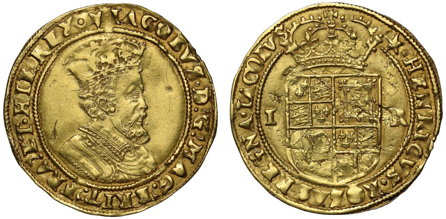 James I gold Double Crown AU55, initial mark mullet, very rare mark