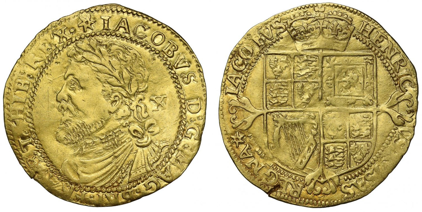 James I gold Half Laurel, third coinage first bust, inital mark spur rowel