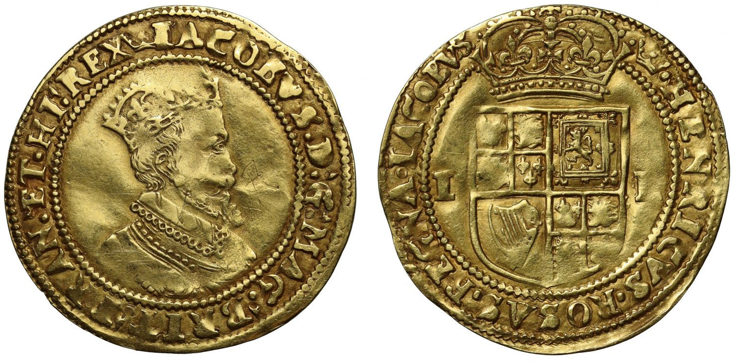 James I gold Double Crown, mm coronet (1607-09), XF Details, ex Tradewinds