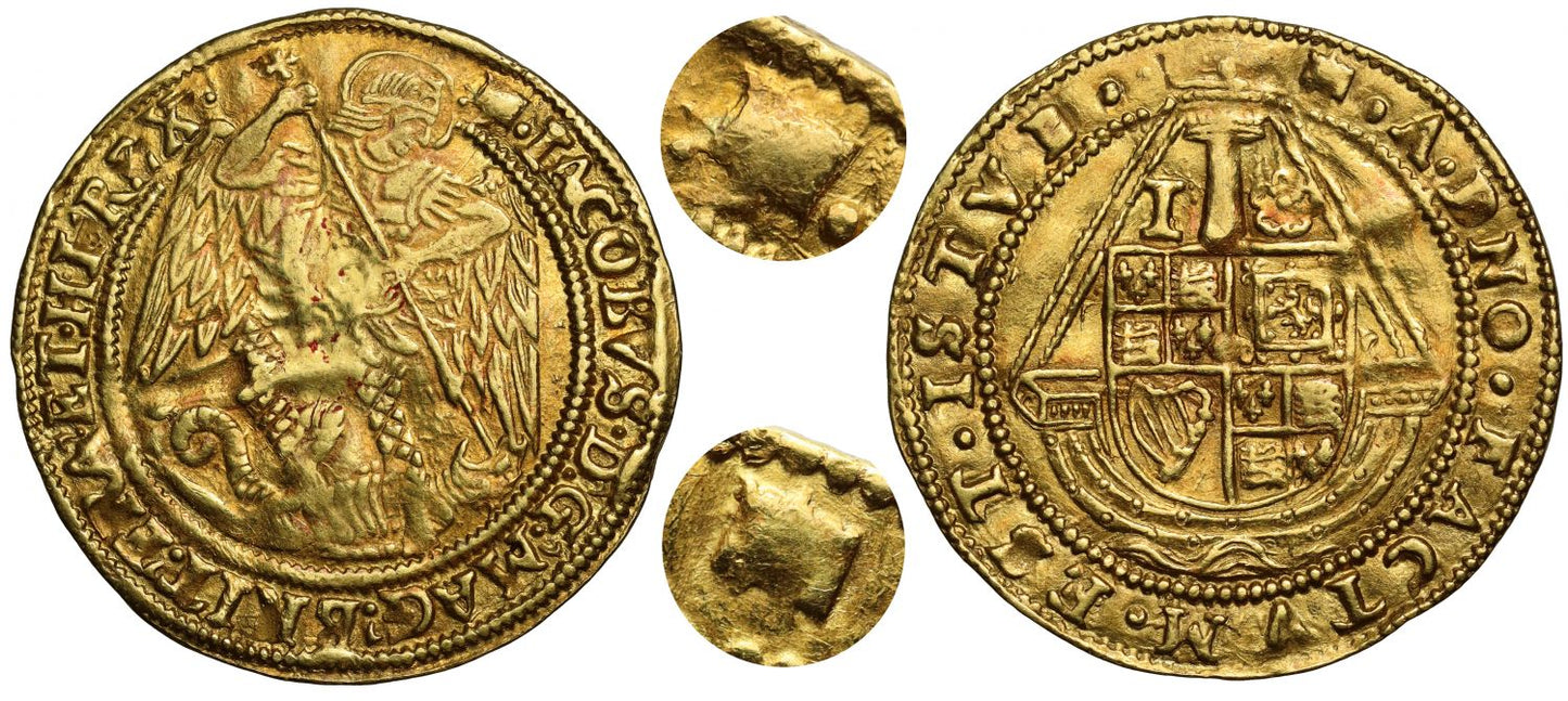 James I gold Angel, 2nd coinage, rarest initial mark book, ex Lingford