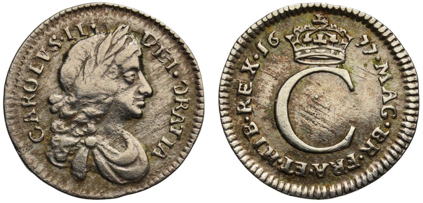 Charles II 1677 silver Penny, rotated G in Gratia