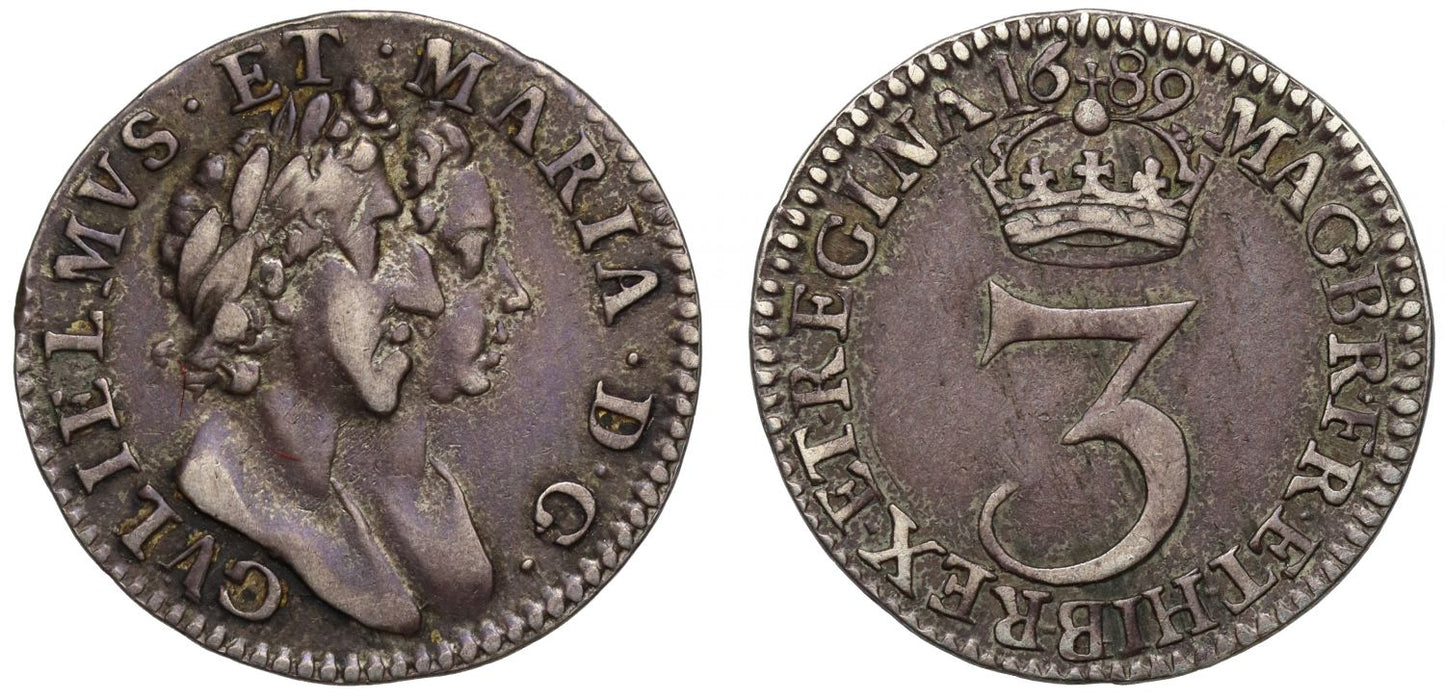 William & Mary 1689 silver Threepence, first busts, no stop by date