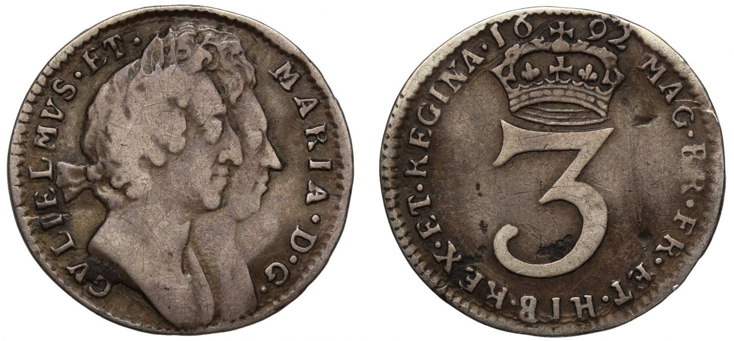 William & Mary 1692 silver Threepence, second busts, GV below bust