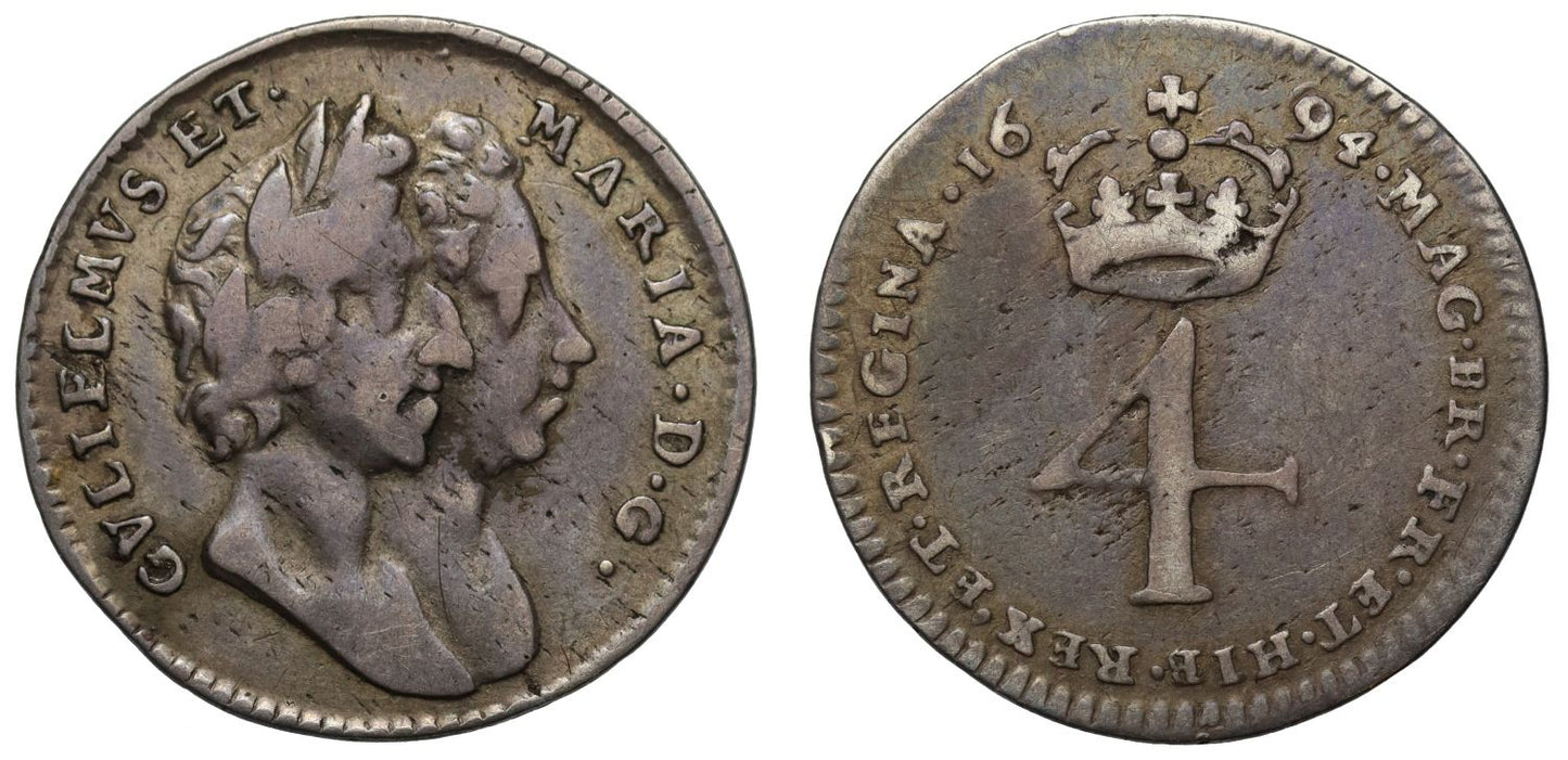 William & Mary 1694 silver Fourpence, first busts, reads MΛRIA, spread date