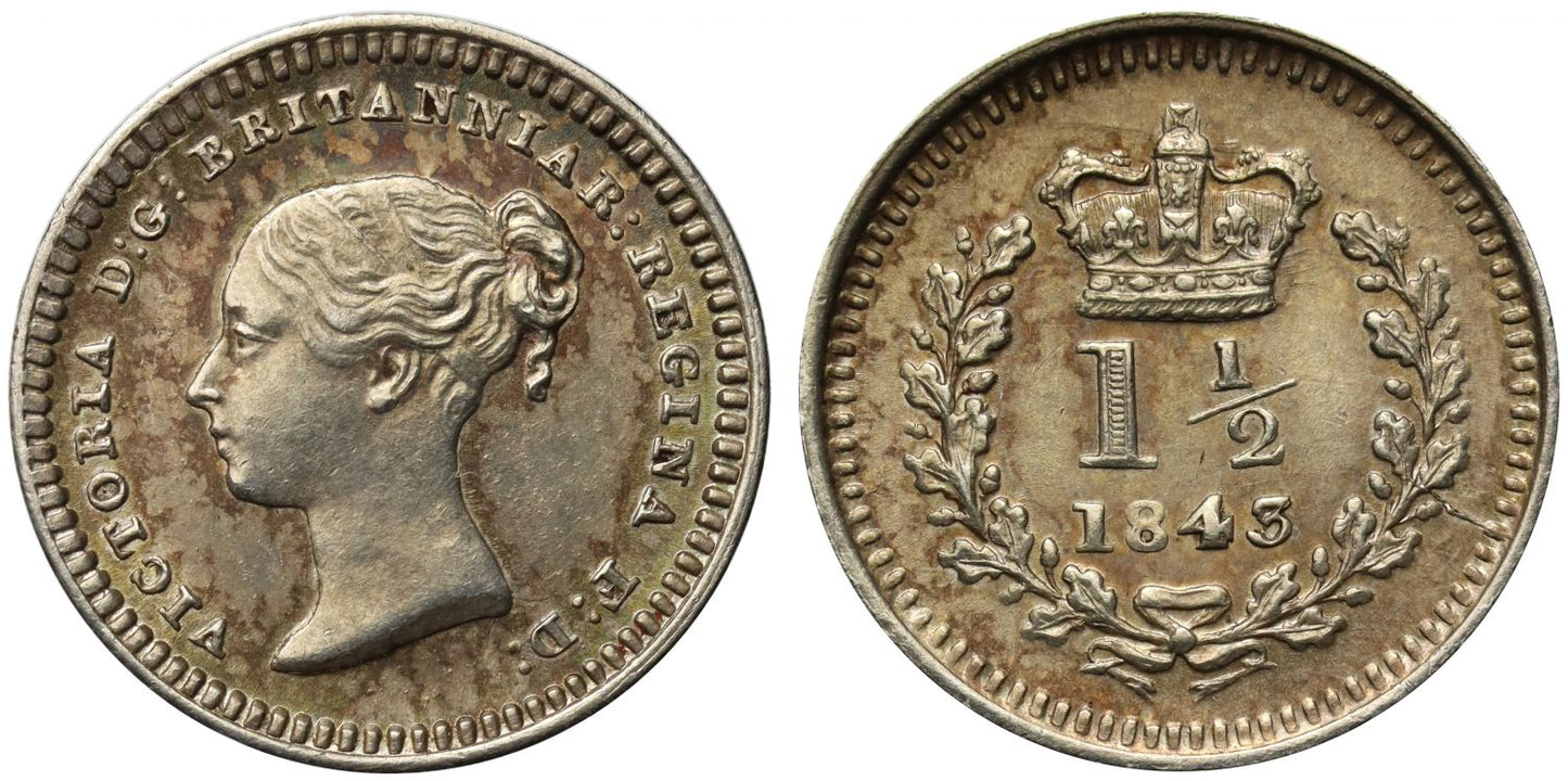 Victoria 1843 silver Three-Halfpence