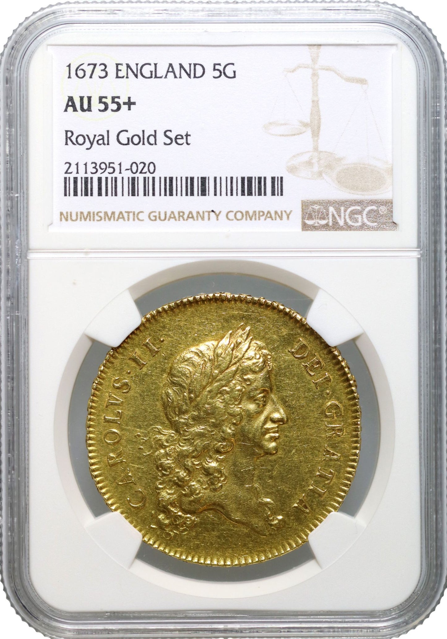 Charles II 1673 Five-Guineas, 1st laureate bust, NGC AU55+, edge V. QVINTO