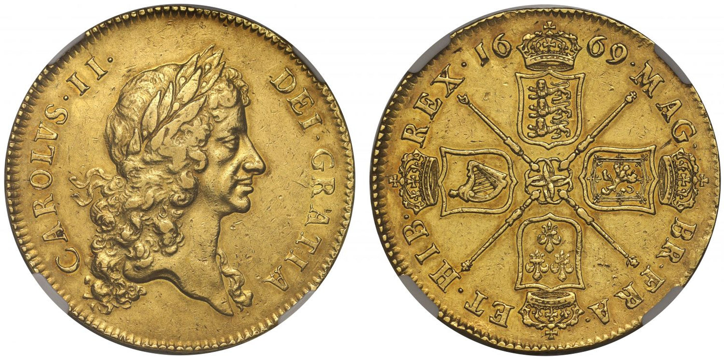 Charles II 1669 Five-Guineas, 1st bust, rare date NGC AU53, edge VICESIMO PRIMO