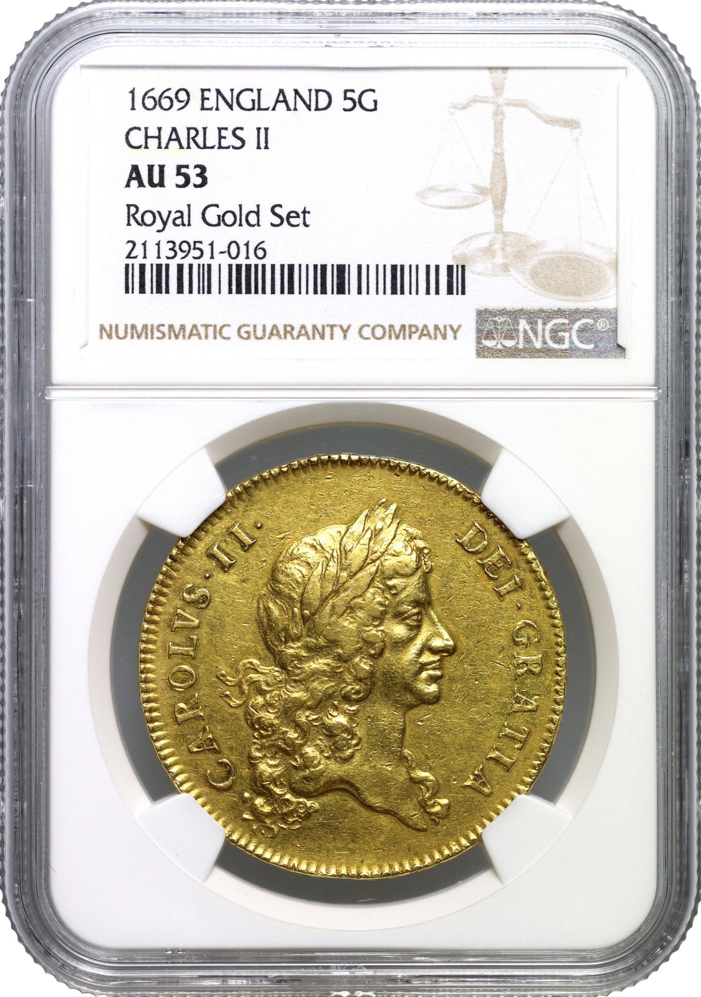 Charles II 1669 Five-Guineas, 1st bust, AU53, rare date, edge VICESIMO PRIMO