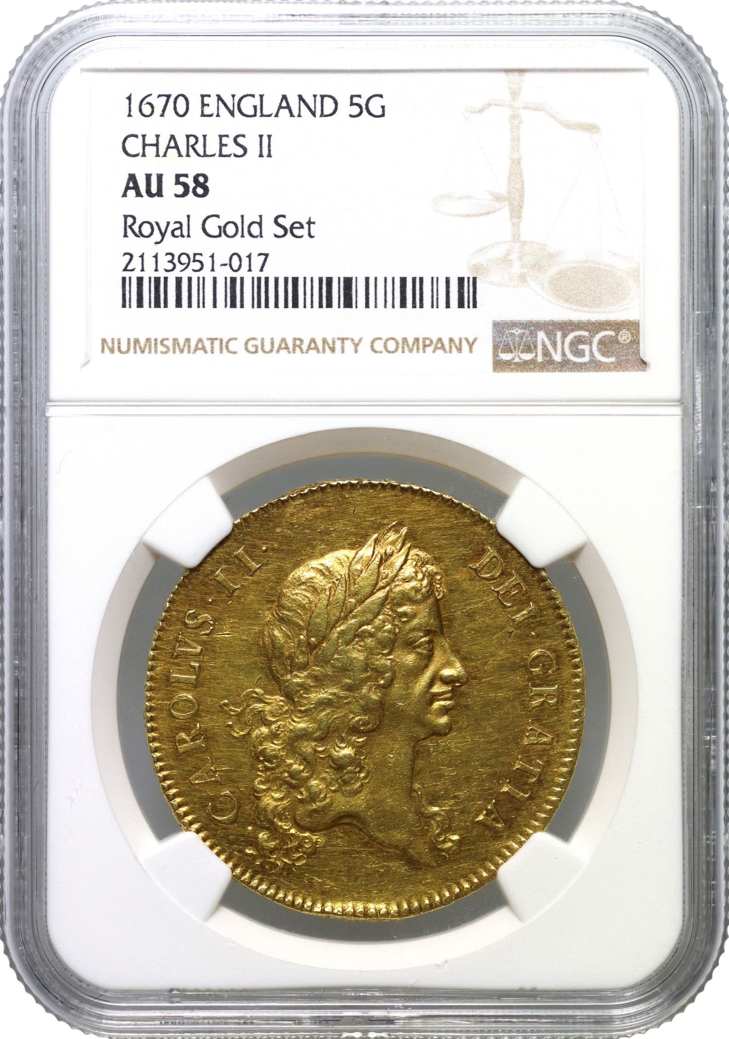 Charles II 1670 Five-Guineas, first bust, NGC AU58, edge VICESIMO SECVNDO