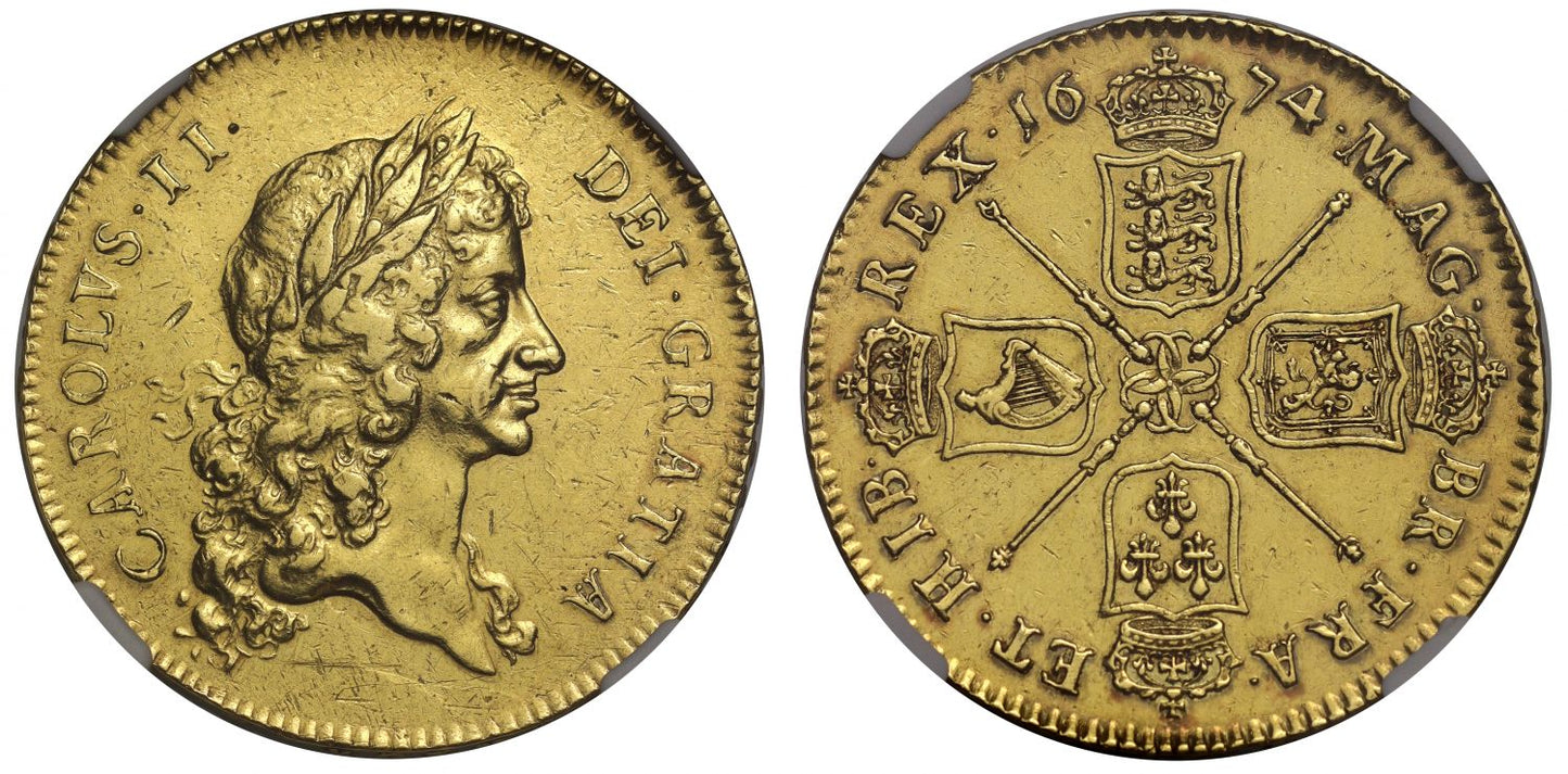 Charles II 1674 Five-Guineas, 1st bust, rarest date of this reign, VICESIMO SEXTO