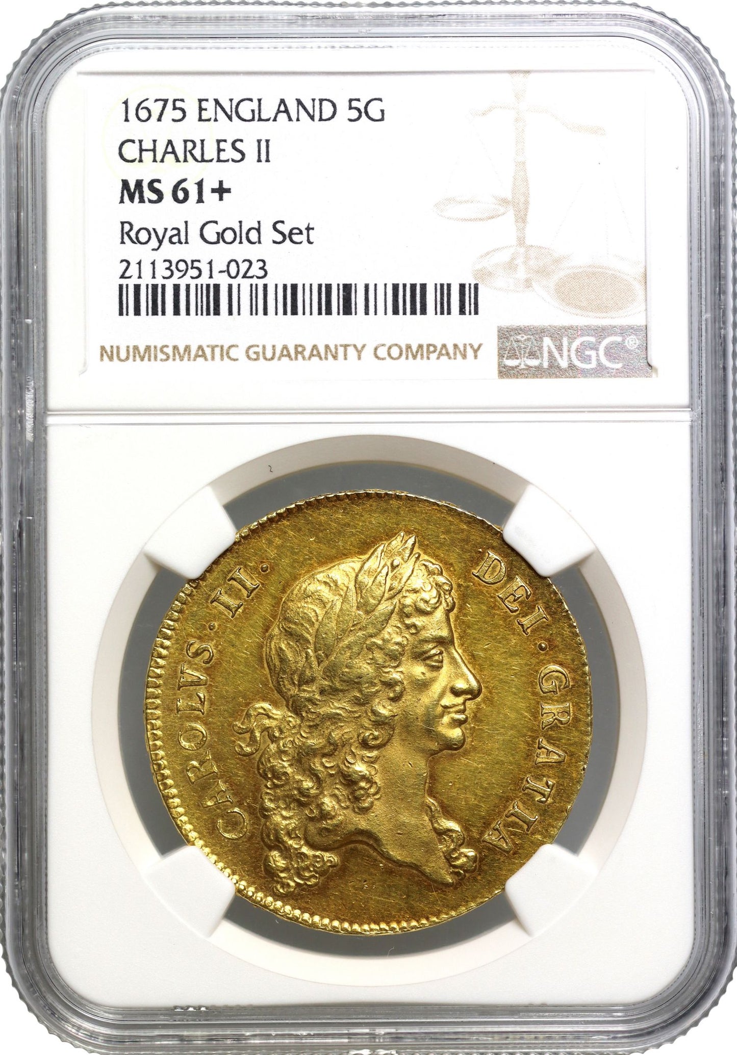 Charles II 1675 Five-Guineas, 1st bust, MS61+, finest graded, very rare date, ex Strauss and King