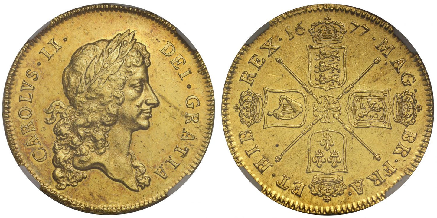 Charles II 1677 Five-Guineas, first bust, NGC MS61, the finest graded example