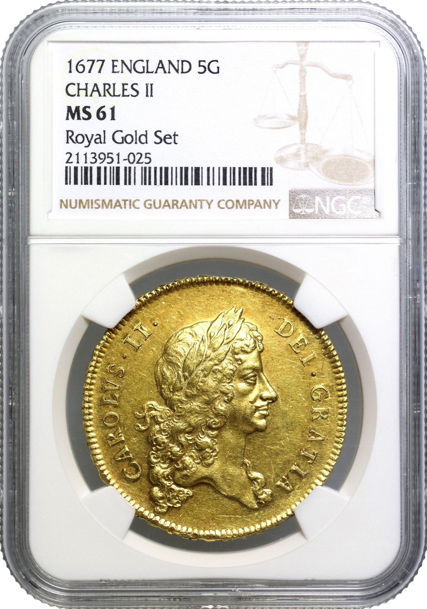 Charles II 1677 Five-Guineas, first bust, NGC MS61, the finest graded example