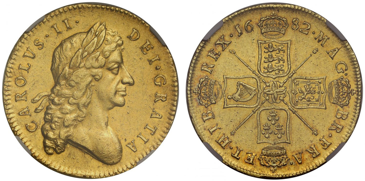 Charles II 1682 Five-Guineas, 2nd bust, NGC AU58, edge TRICESIMO QVARTO