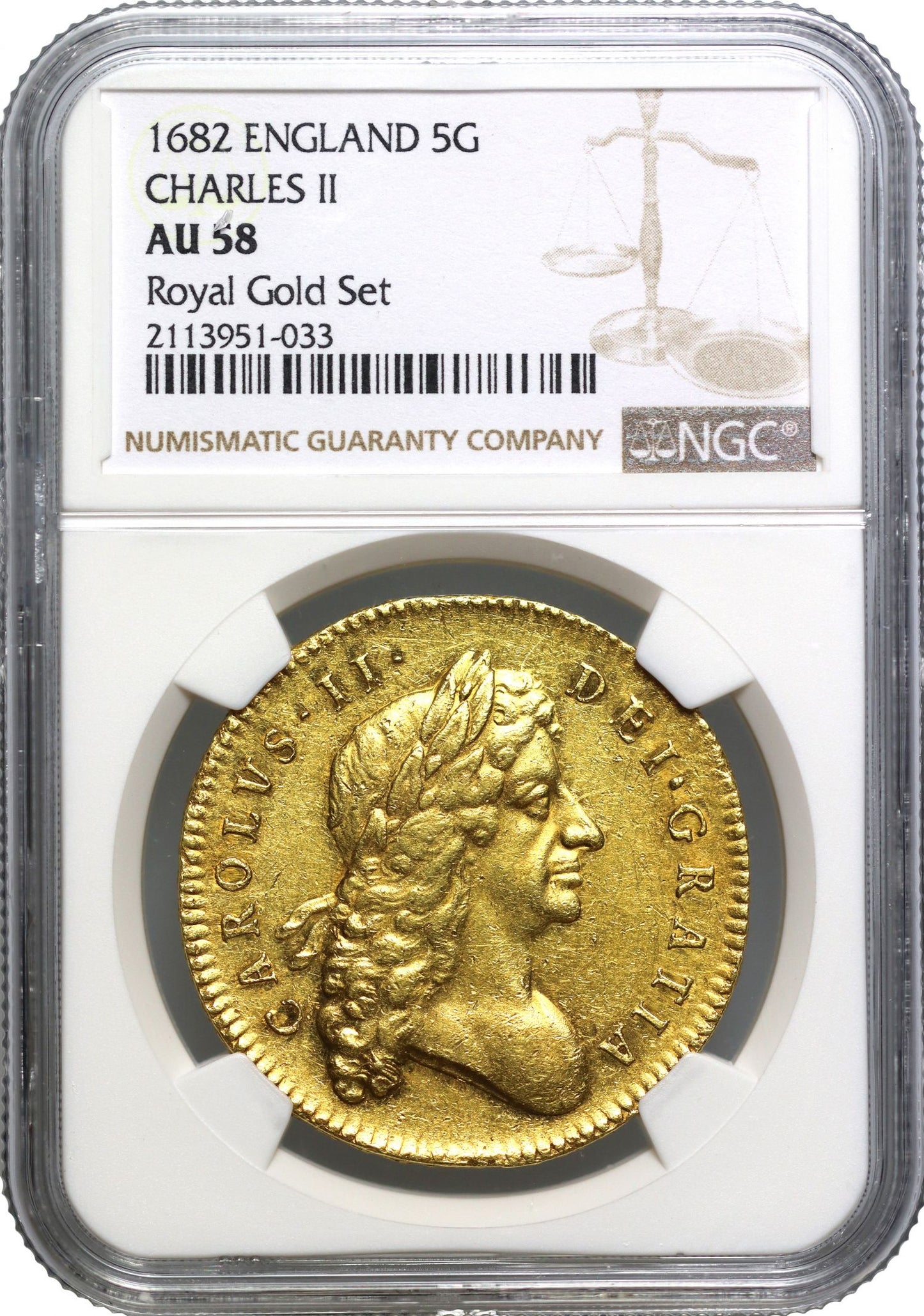 Charles II 1682 Five-Guineas, 2nd bust, NGC AU58, edge TRICESIMO QVARTO