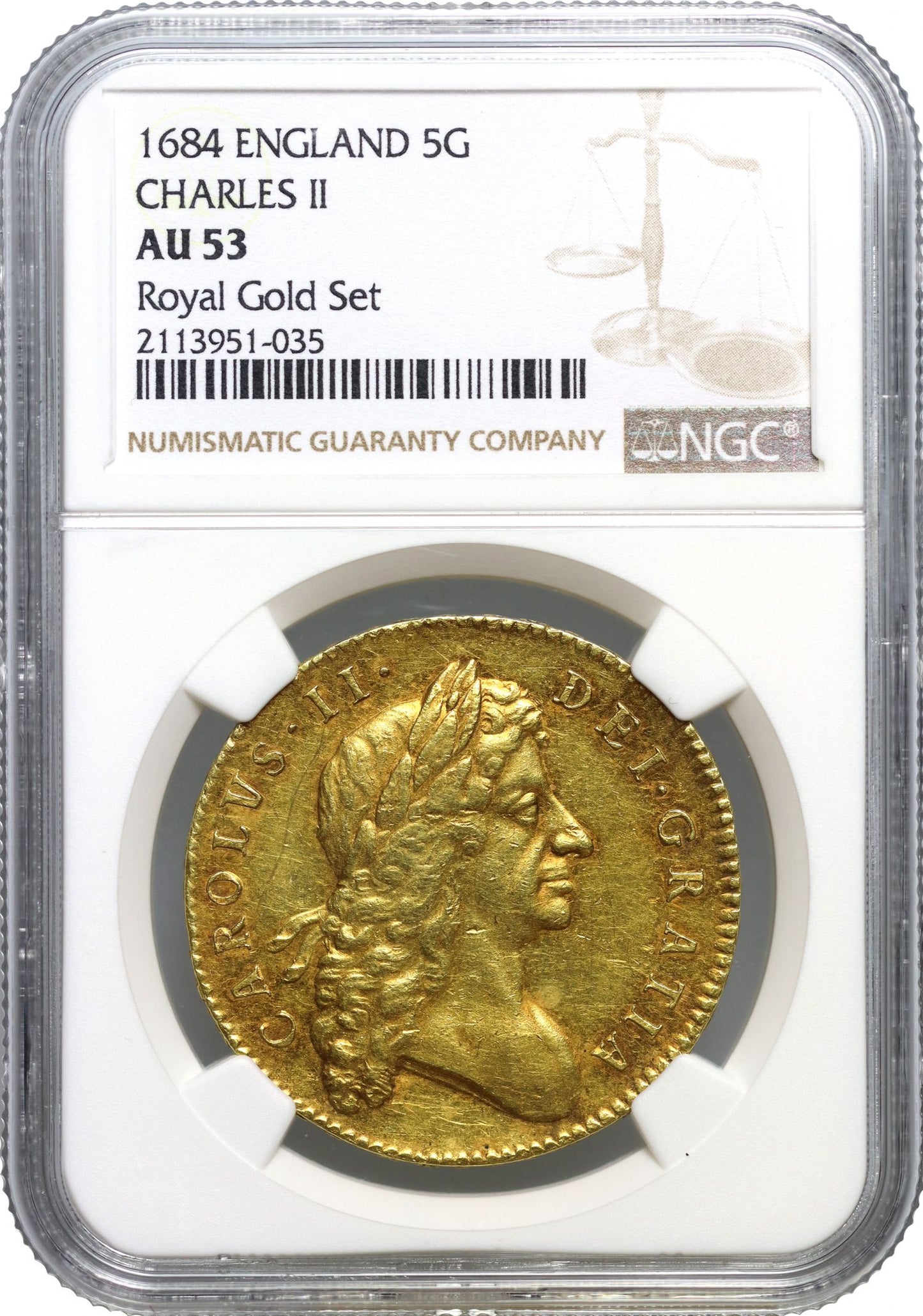 Charles II 1684 Five-Guineas, 2nd bust, AU53, final date of reign, T. SEXTO