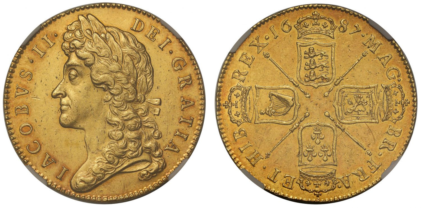 James II 1687 Five-Guineas, 2nd bust, NGC MS62, 2nd finest graded, edge TERTIO