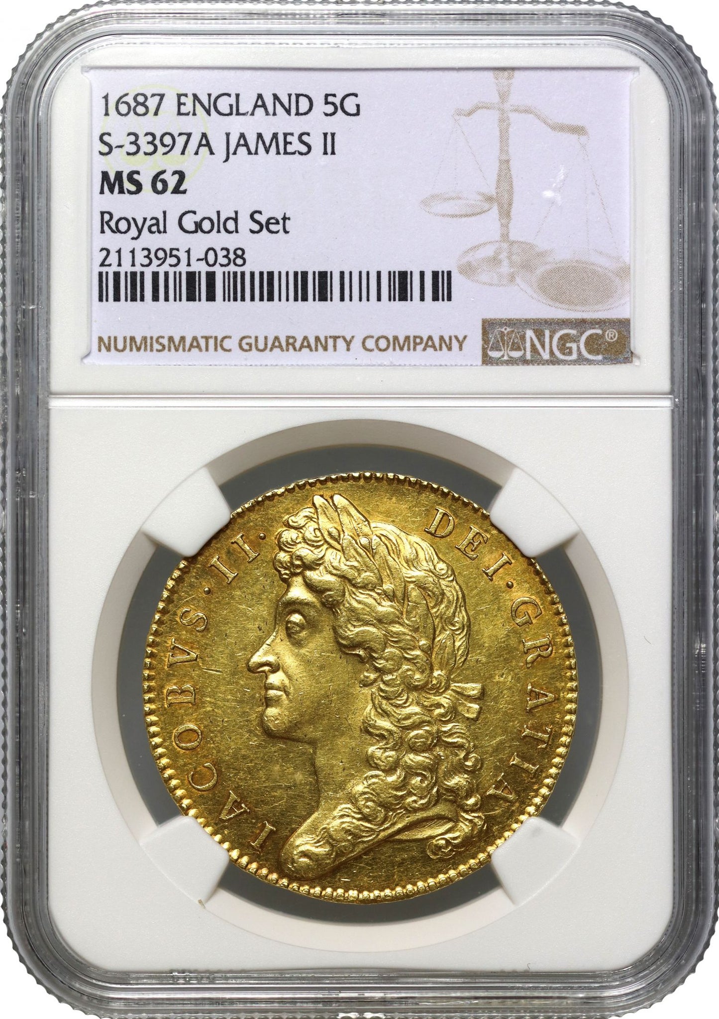 James II 1687 Five-Guineas, 2nd bust, NGC MS62, 2nd finest graded, edge TERTIO