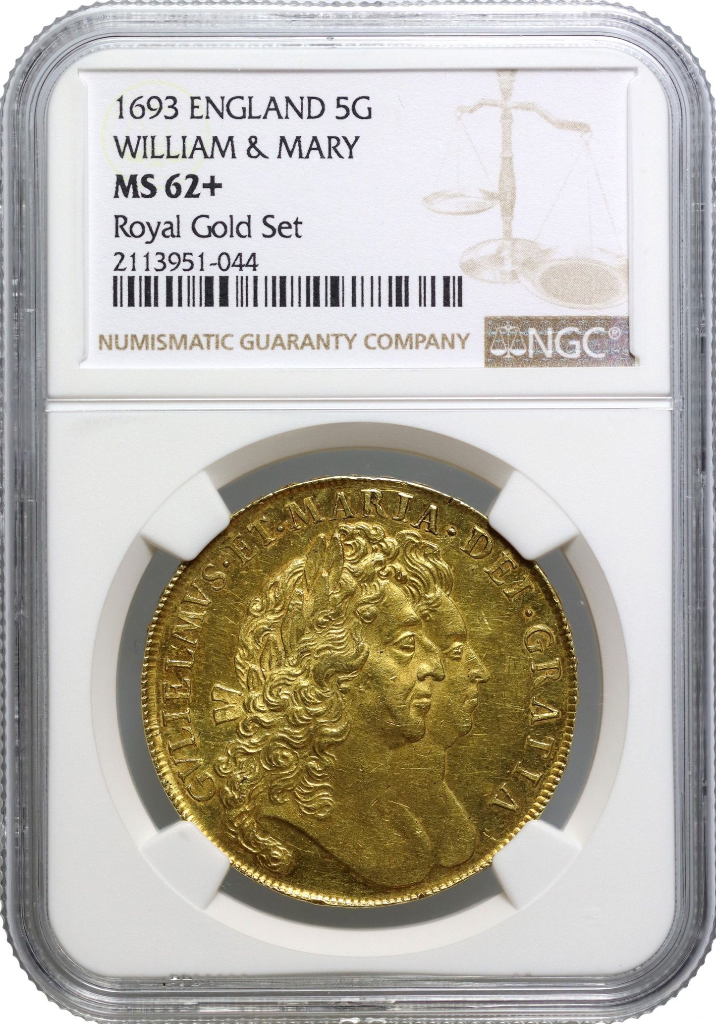 William and Mary 1693 Five-Guineas, MS62+, edge QVINTO