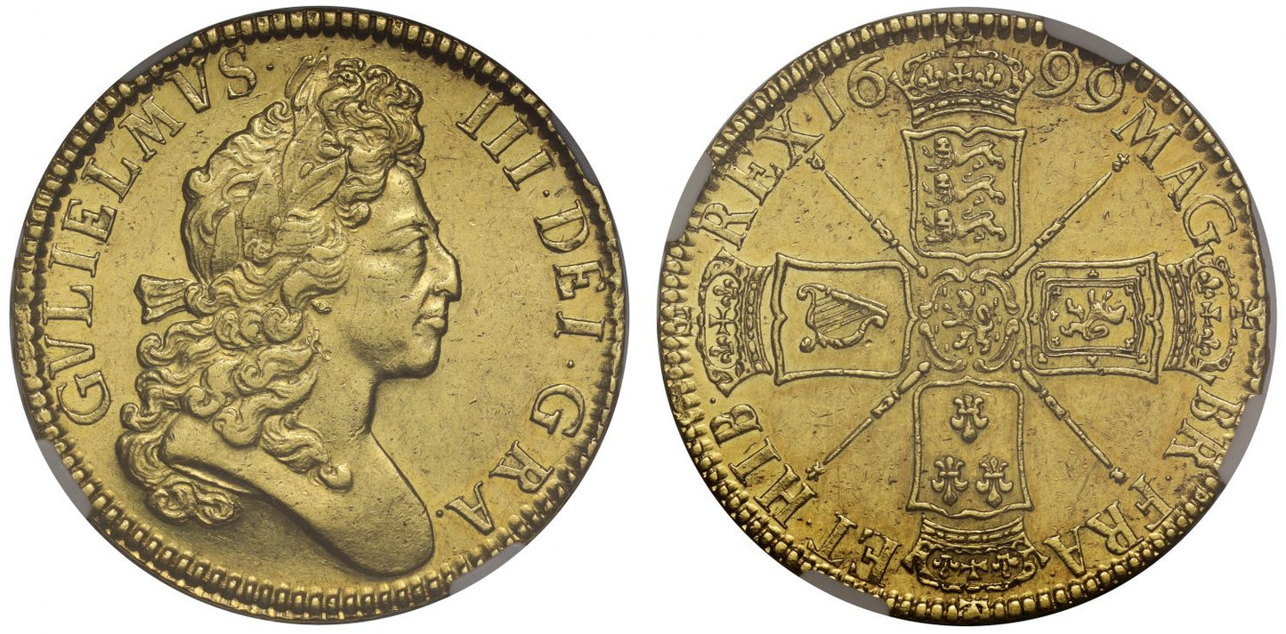William III 1699 Five-Guineas, first bust, first year NGC AU58, edge UNDECIMO