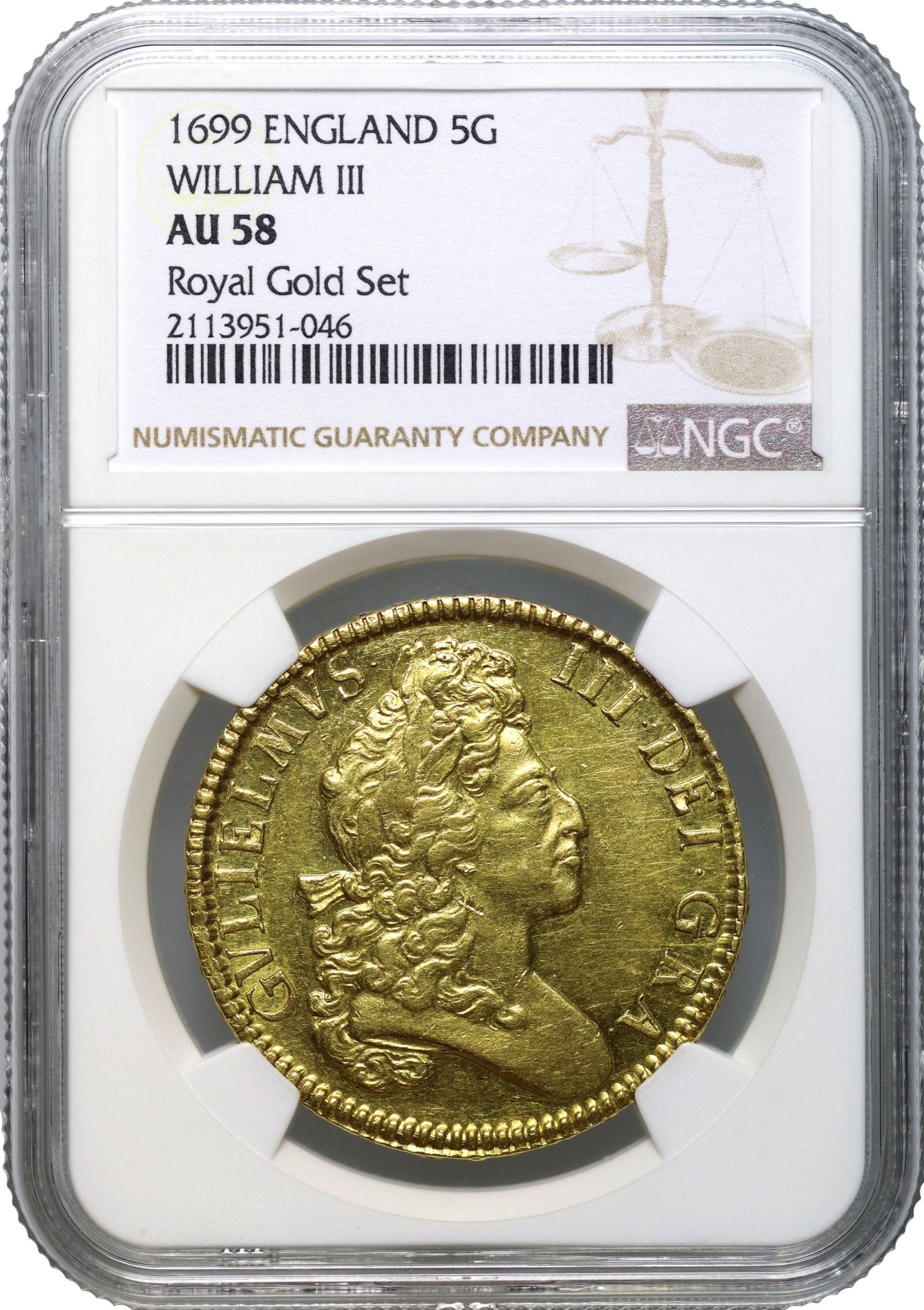 William III 1699 Five-Guineas, 1st bust, AU58, first year, edge UNDECIMO