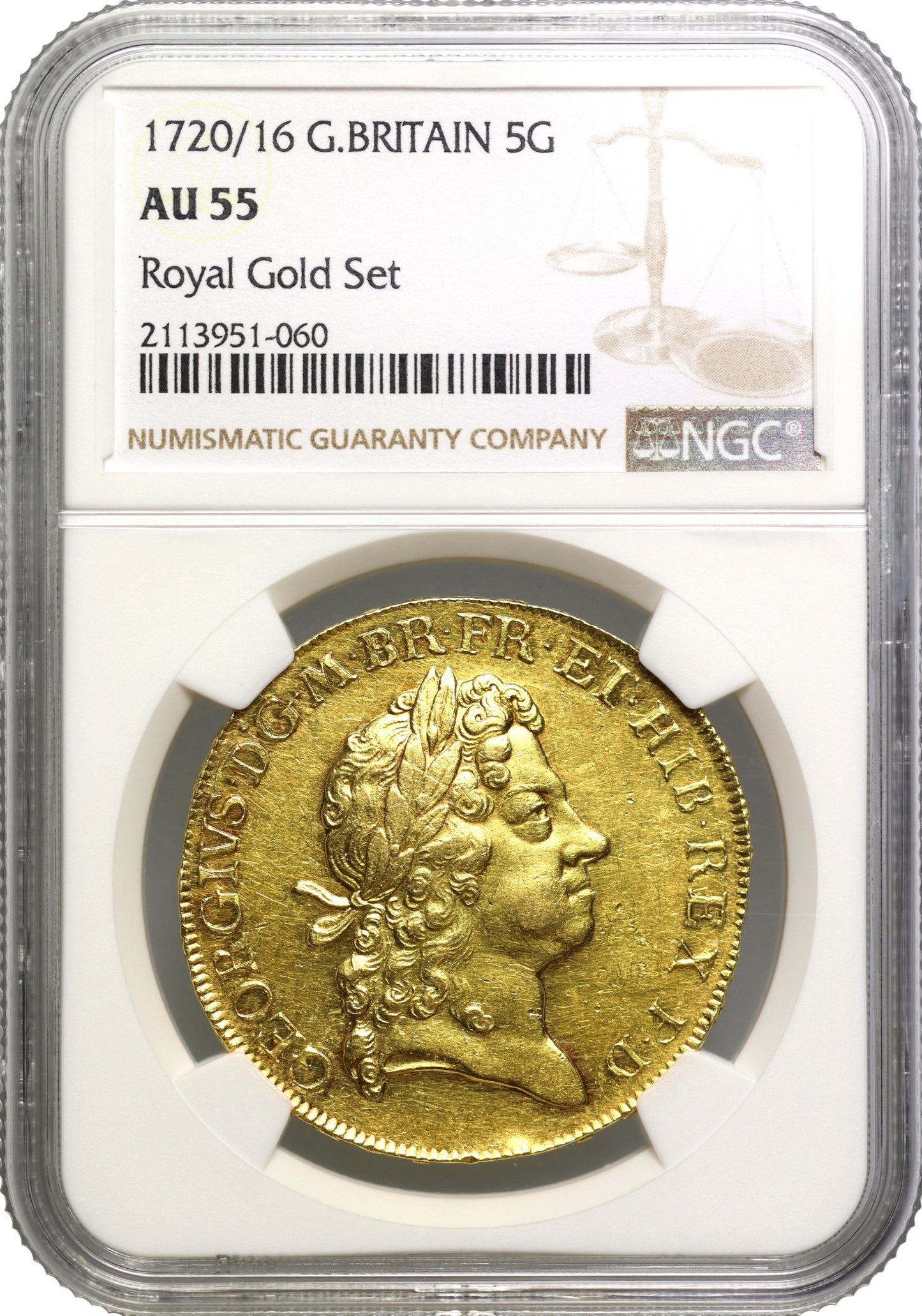 George I 1720 Five-Guineas, AU55, edge year SEXTO, rarest date for reign