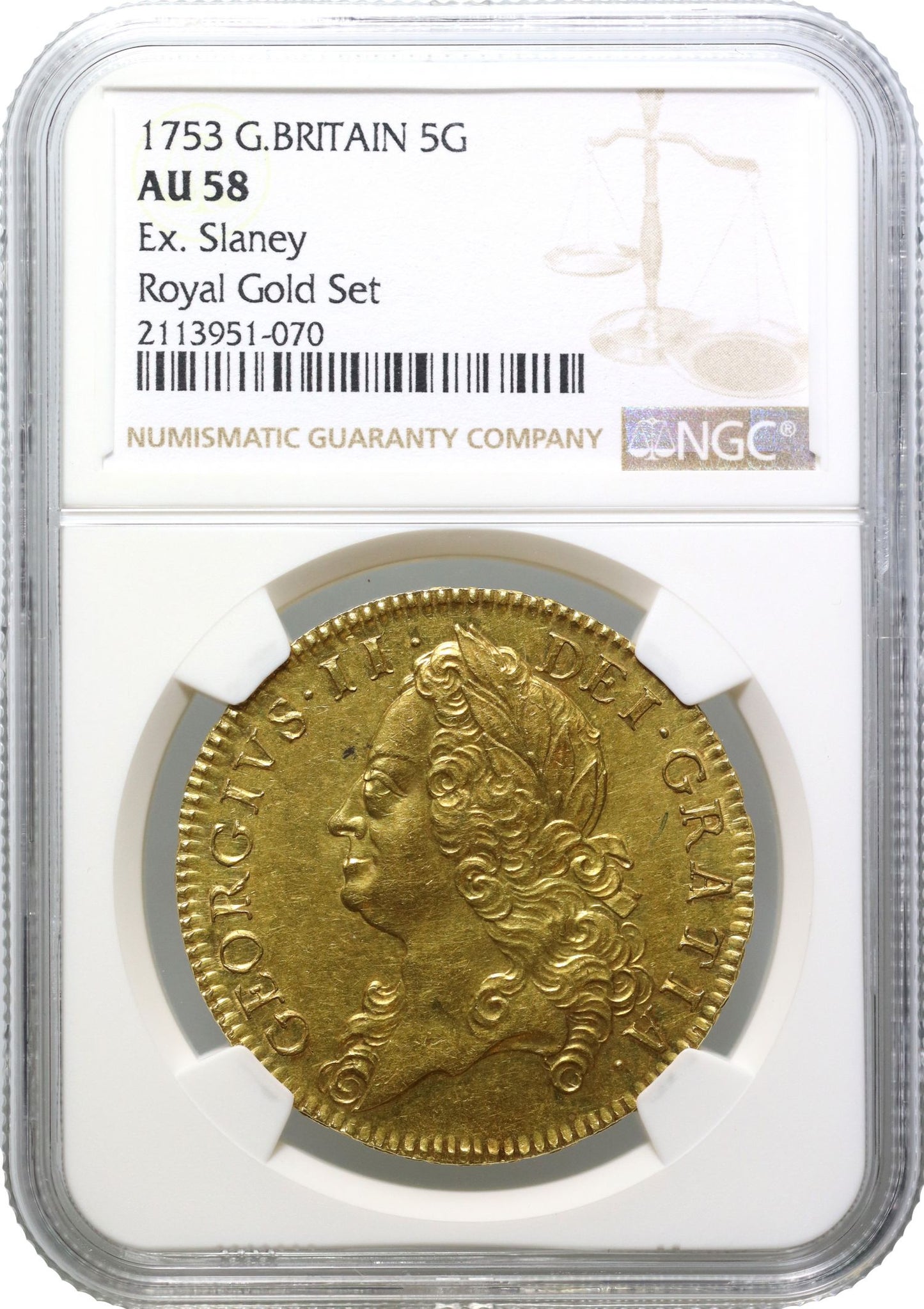 George II 1753 Five-Guineas, older bust, AU58, final currency date