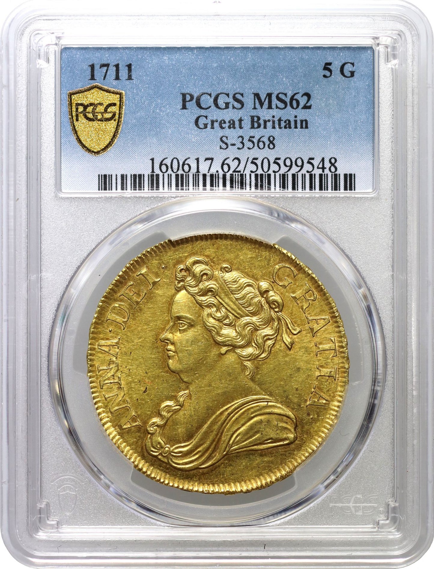 Anne 1711 Five-Guineas, 2nd bust, MS62, edge DECIMO, second finest