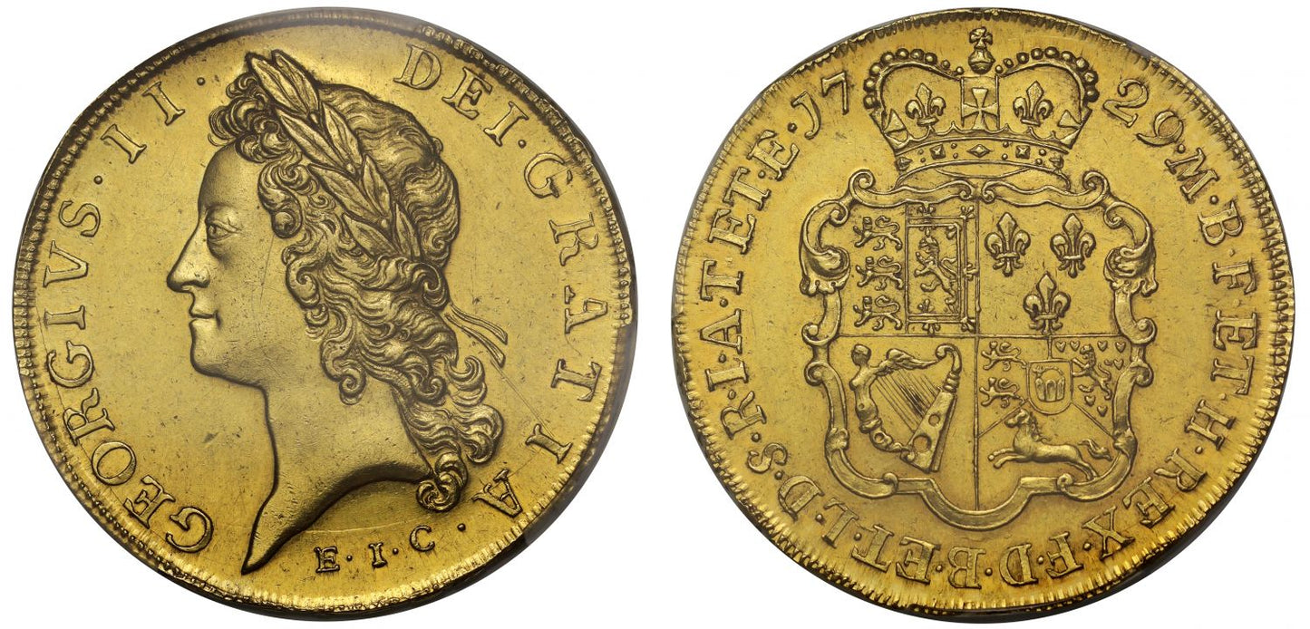 George II 1729 EIC Five-Guineas PCGS MS61, East India Company gold