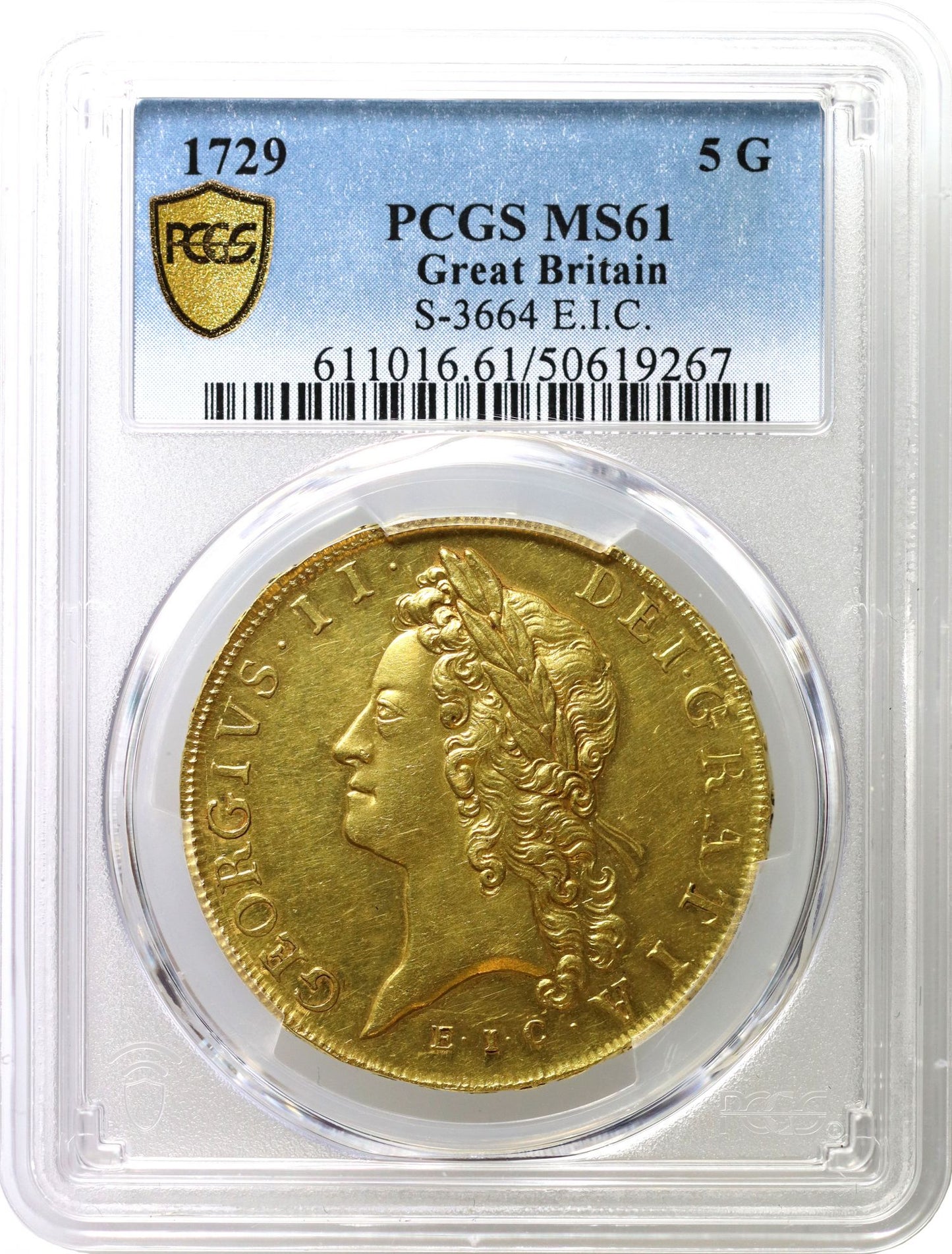George II 1729 EIC Five-Guineas PCGS MS61, East India Company gold