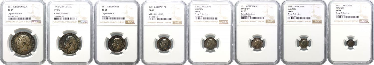 George V 1911 8-coin silver proof Set, PF64-PF66, ex Cope
