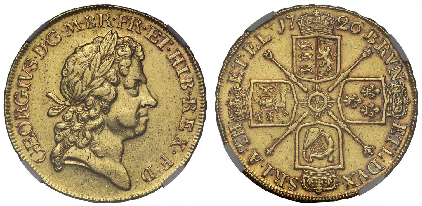 George I 1726 Five-Guineas, final date for reign, inverted letter Ns on edge