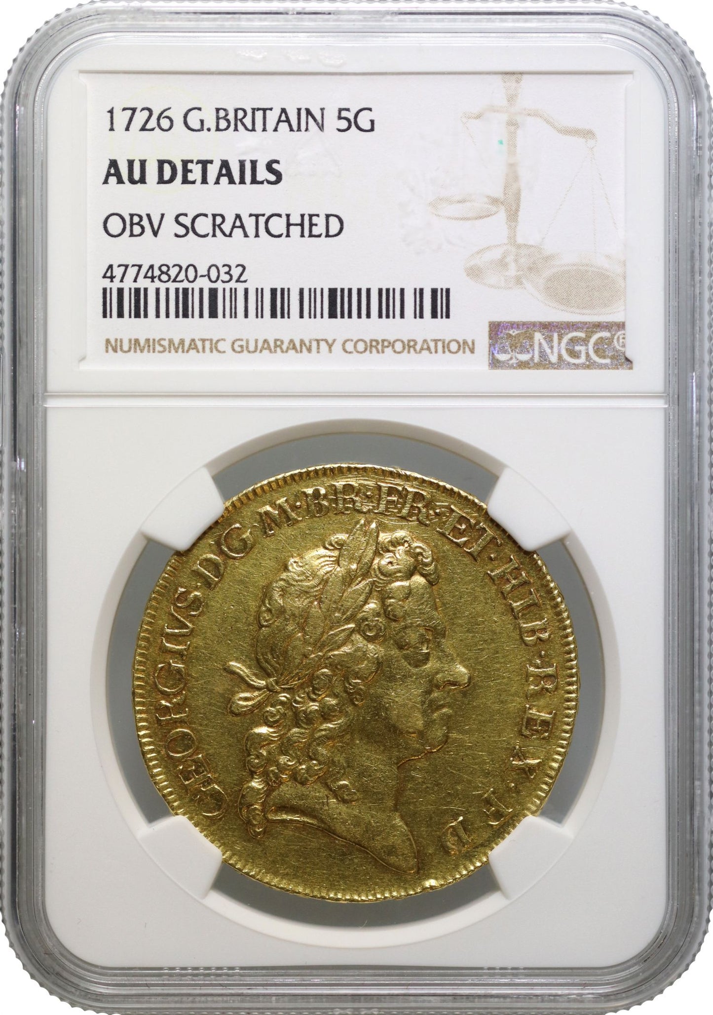 George I 1726 Five-Guineas, final date for reign, inverted letter Ns on edge