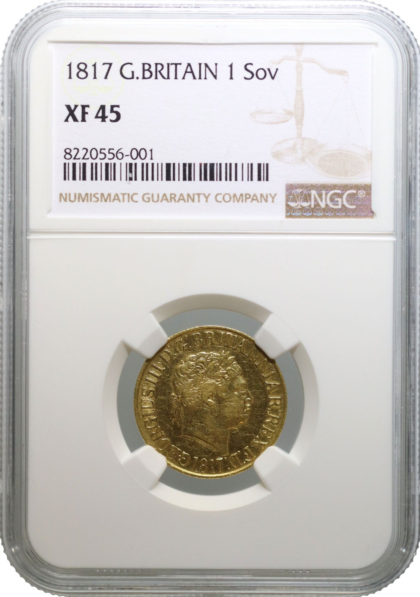 George III 1817 Sovereign, first year of modern sovereign NGC XF45