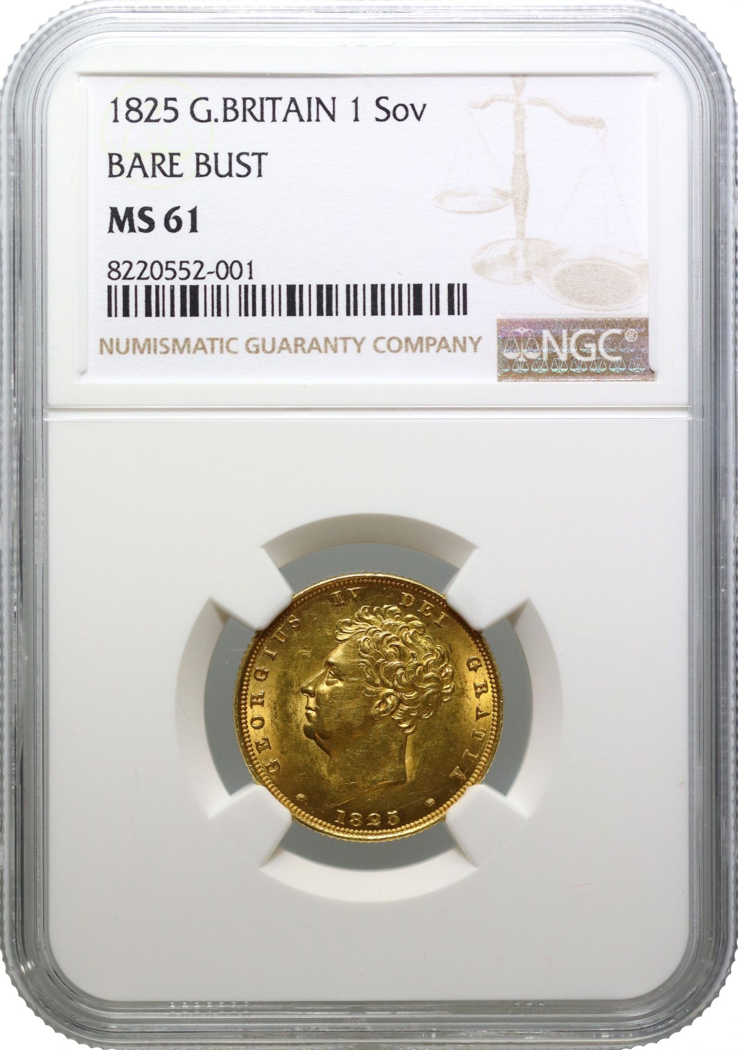 George IV 1825 Sovereign bare head, shield reverse MS61