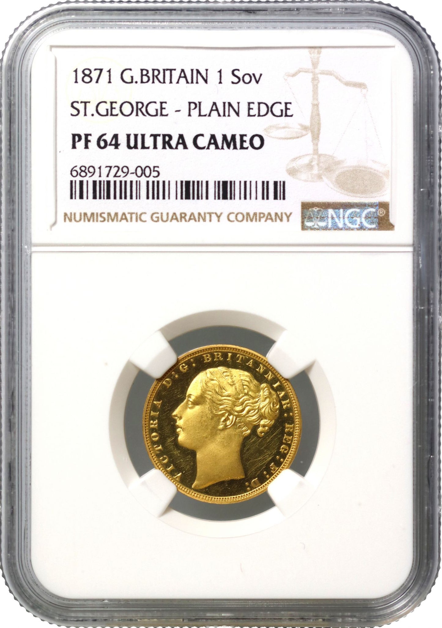 Victoria 1871 proof Sovereign, St George, plain edge, PF64 UCAM