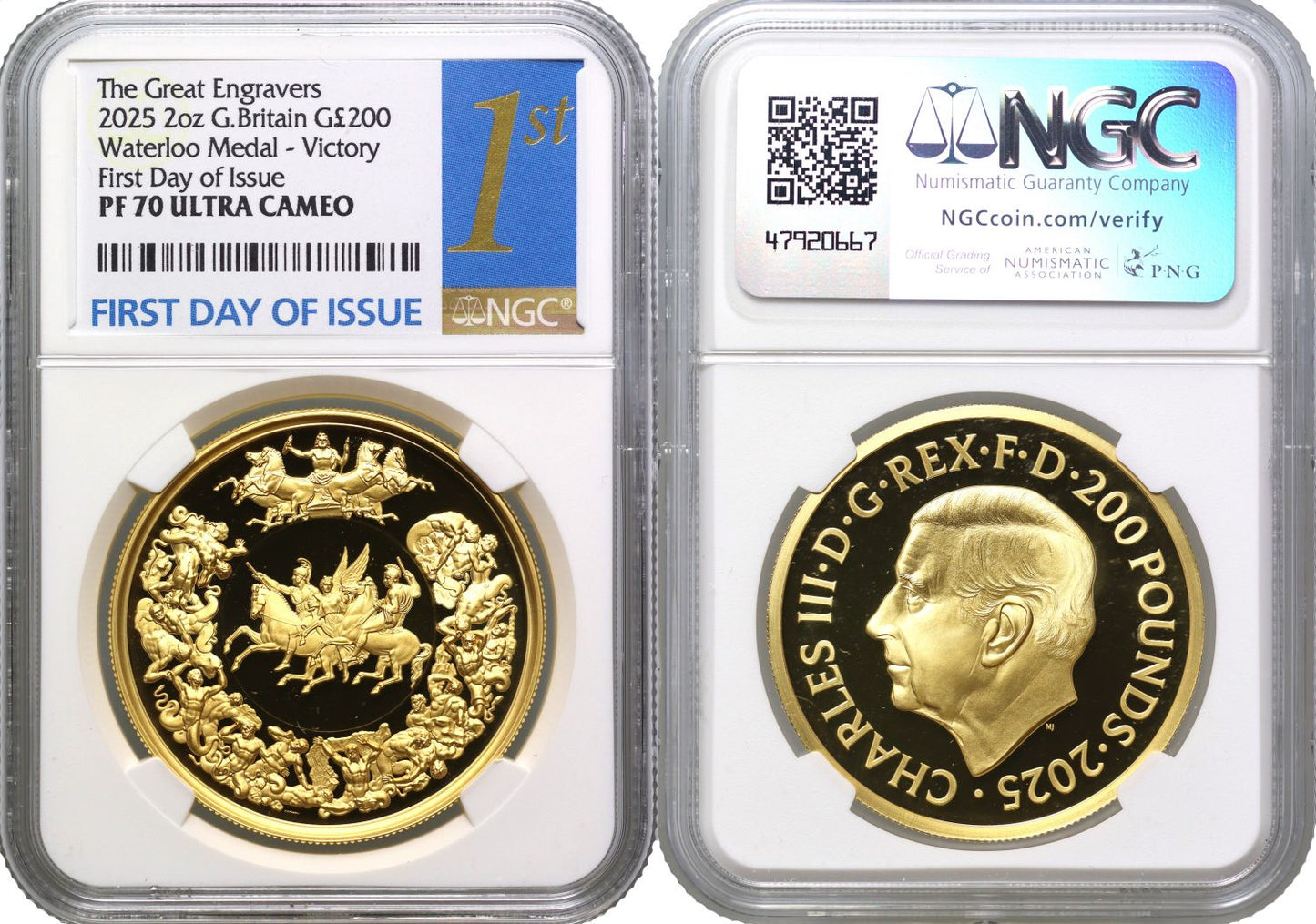* Charles III 2025 PF70 UC FDI gold 2oz Waterloo Victory
