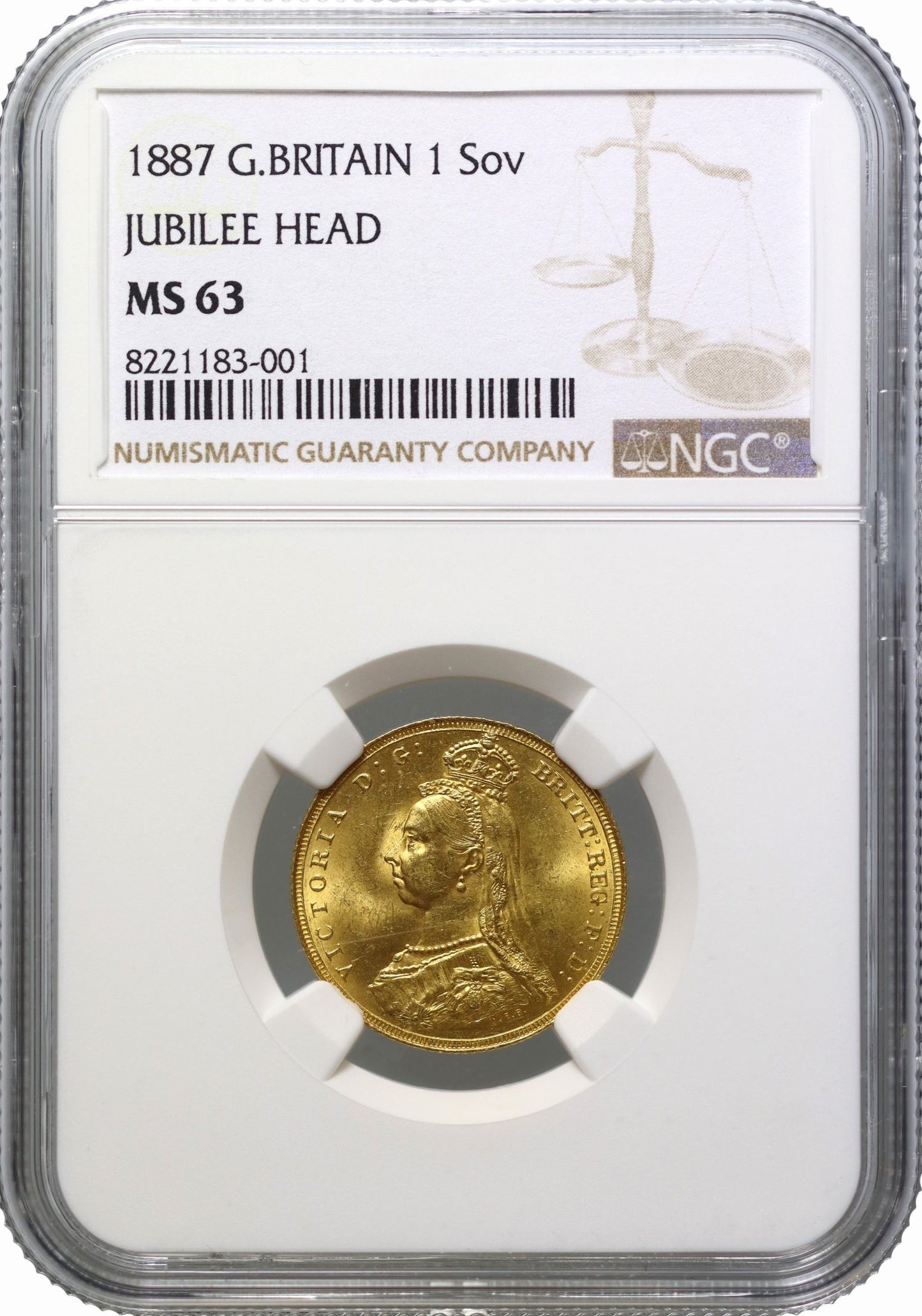 Victoria 1887 Sovereign Jubilee head, London mint, DISH L7 NGC MS63