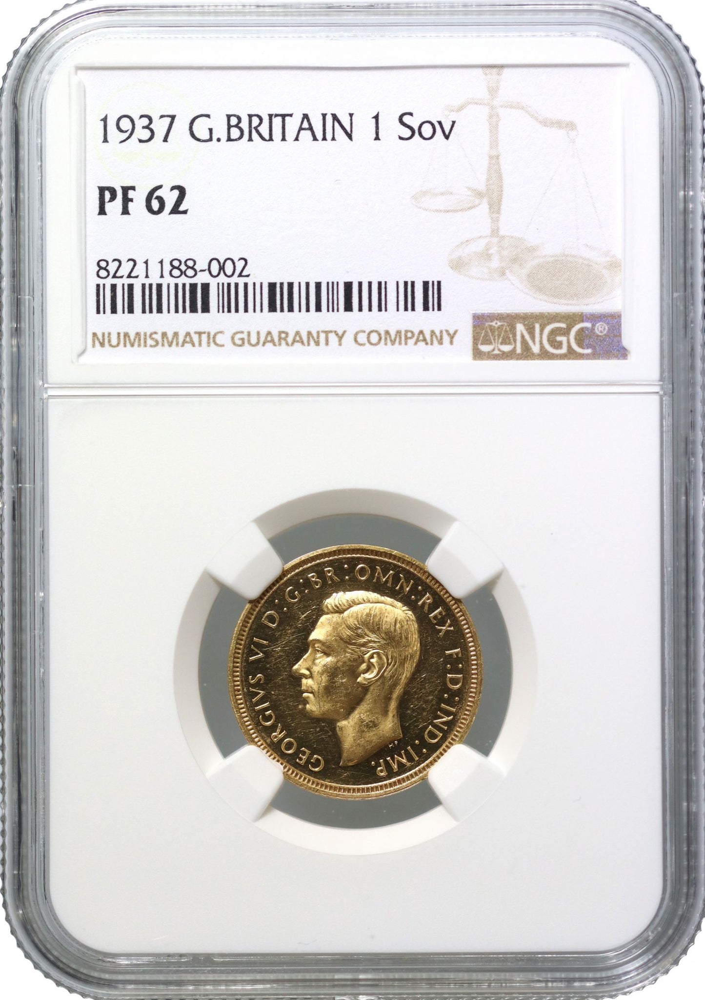 George VI 1937 proof Sovereign, Coronation issue, NGC PF62