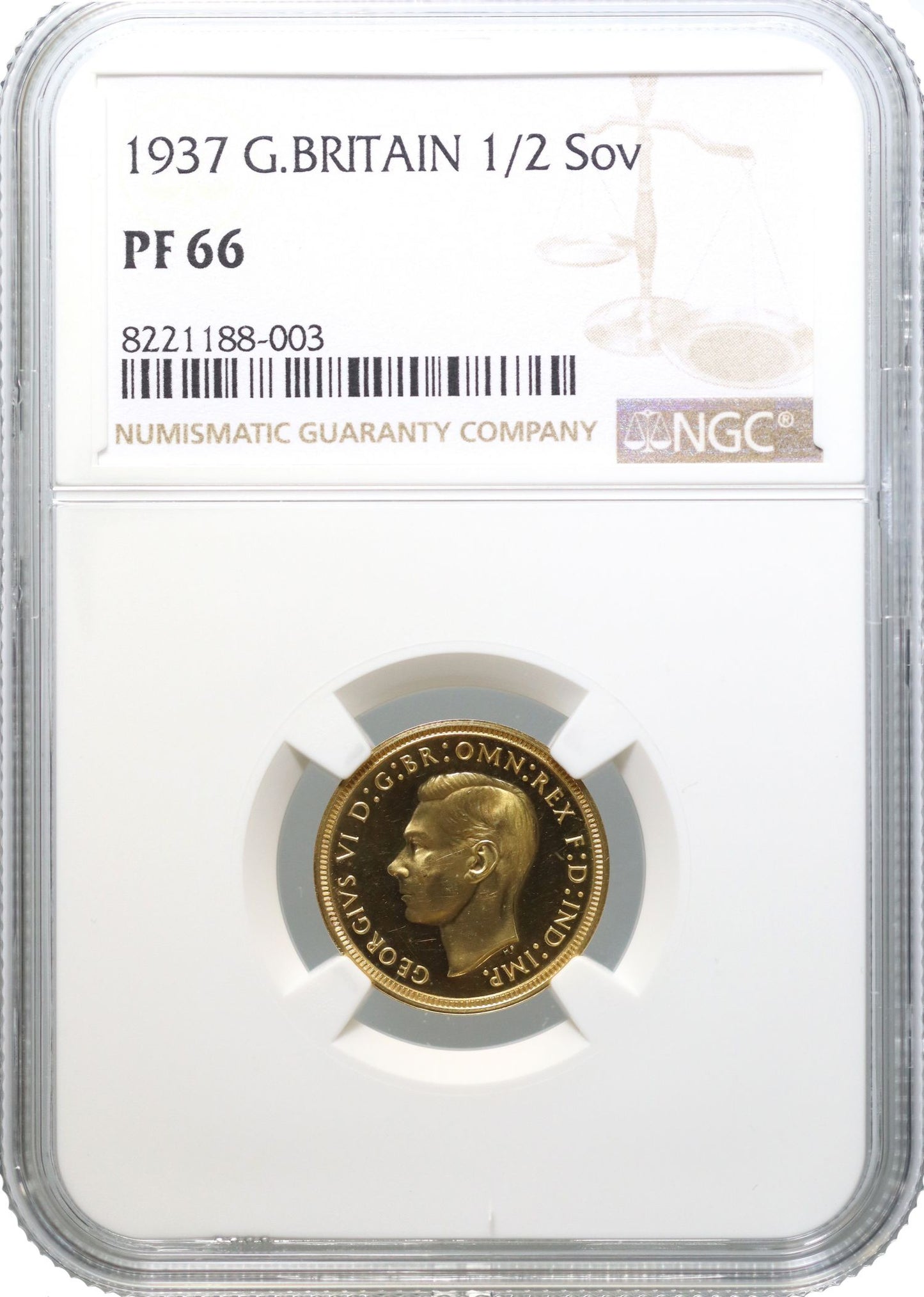 George VI 1937 proof Half-Sovereign, Coronation issue, NGC PF66