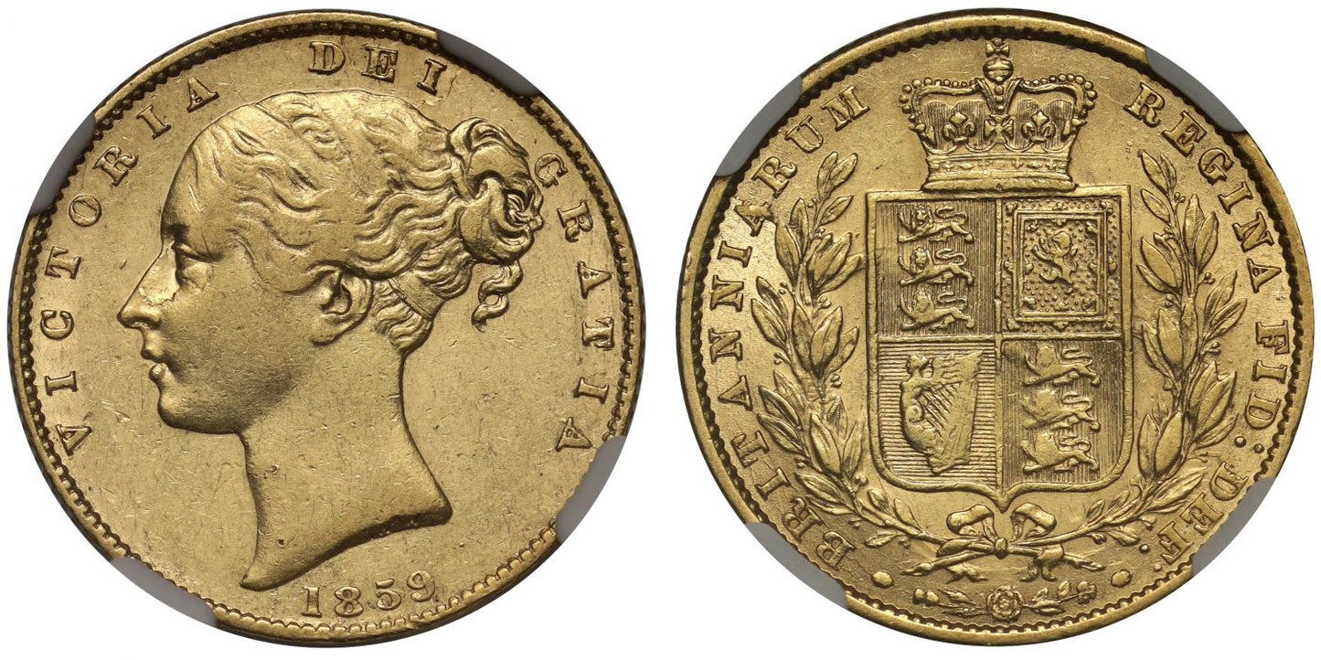 Victoria 1859 'Ansell' Sovereign, with extra line to ribbon, NGC AU50