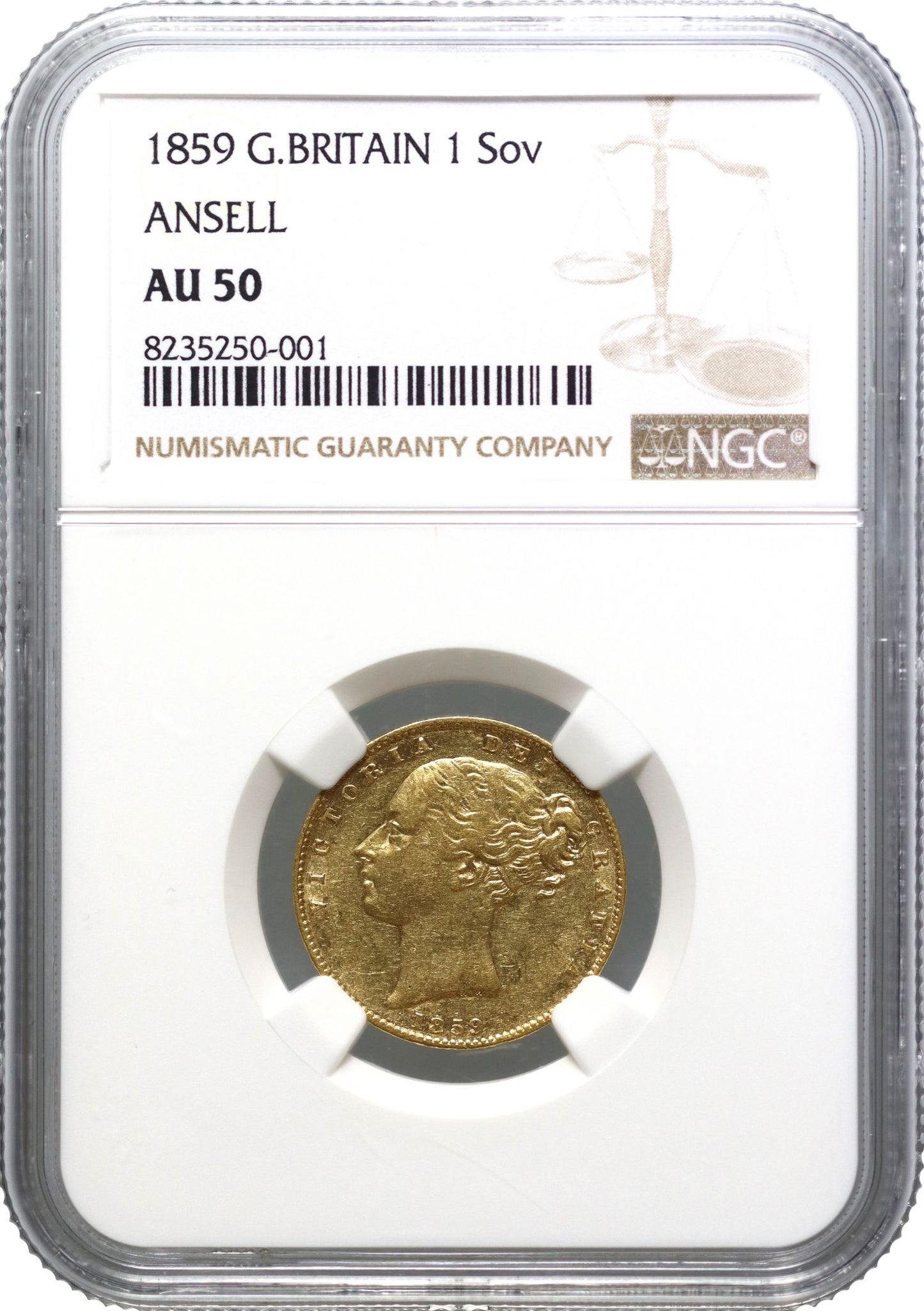 Victoria 1859 'Ansell' Sovereign, with extra line to ribbon, NGC AU50