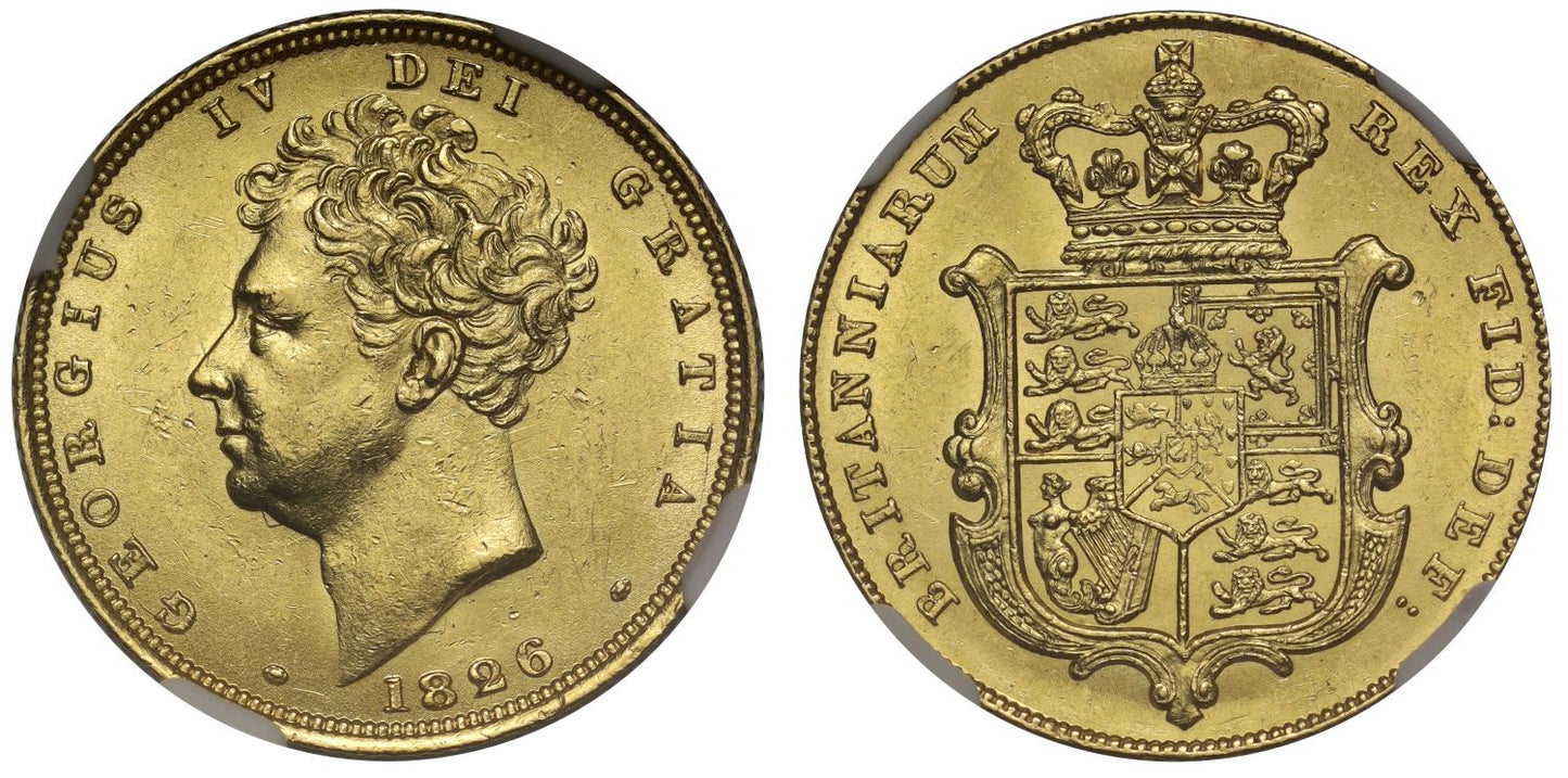 George IV 1826 Sovereign, bare head, shield reverse, MS62