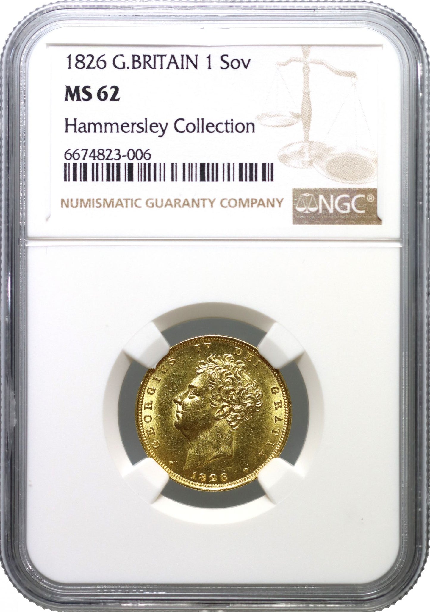 George IV 1826 Sovereign, bare head, shield reverse, MS62
