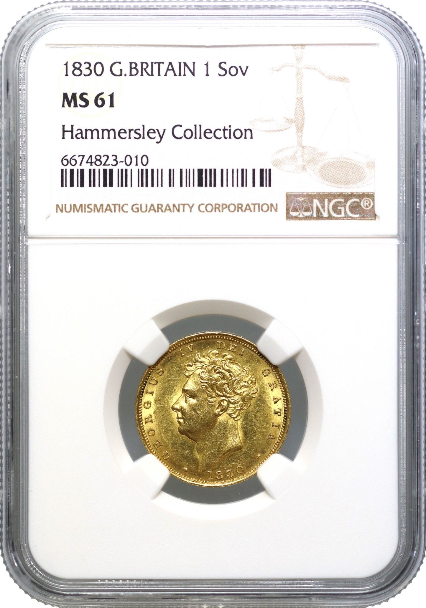 George IV 1830 Sovereign, bare head final date of reign, MS61