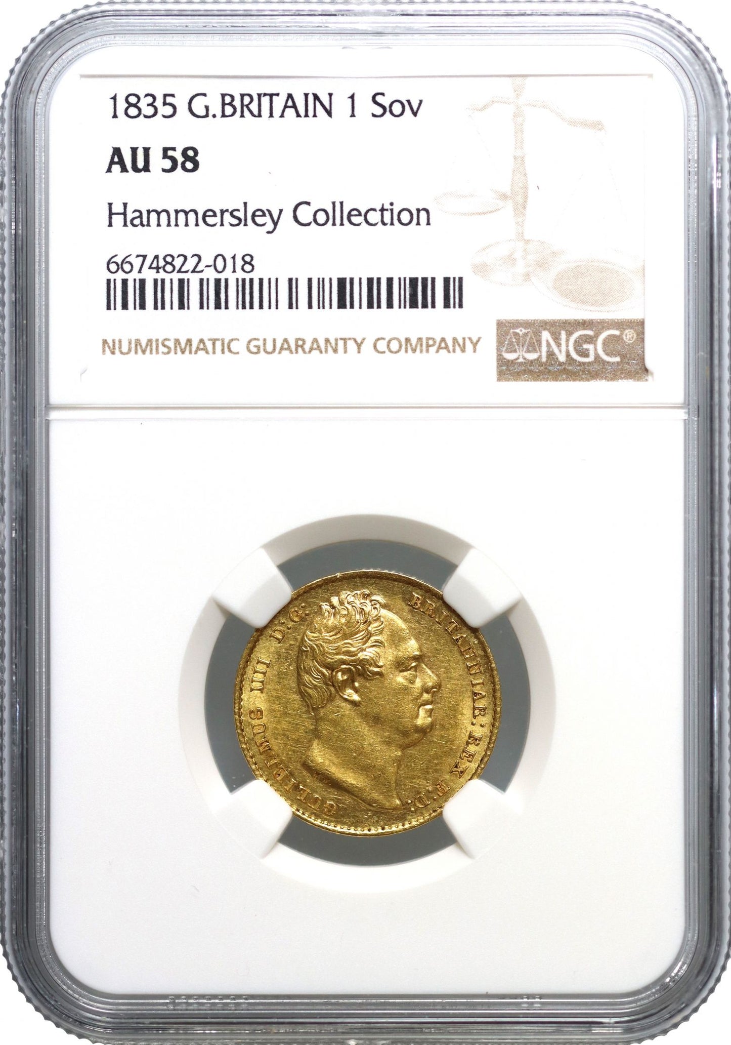 William IV 1835 Sovereign, rare date, NGC AU58